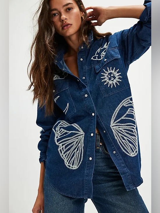 Free People Tops - Free People x Denim and Bone embroidered denim shirt